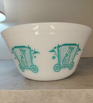 Vintage Federal Glass Circus Tiger Milk Glass Mixing Bowl 9” Turquoise Pristine